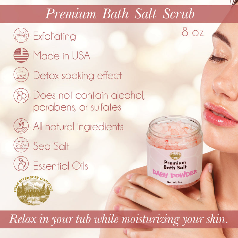 Baby Powder Salt Scrub - 8oz Detox Bath Salt Body Scrub, Great as a Face Scrub & Exfoliating Body Scrub for Acne Scars, Stretch Marks, Foot Scrub, Great Gifts For Women - Falls River Soap Company
