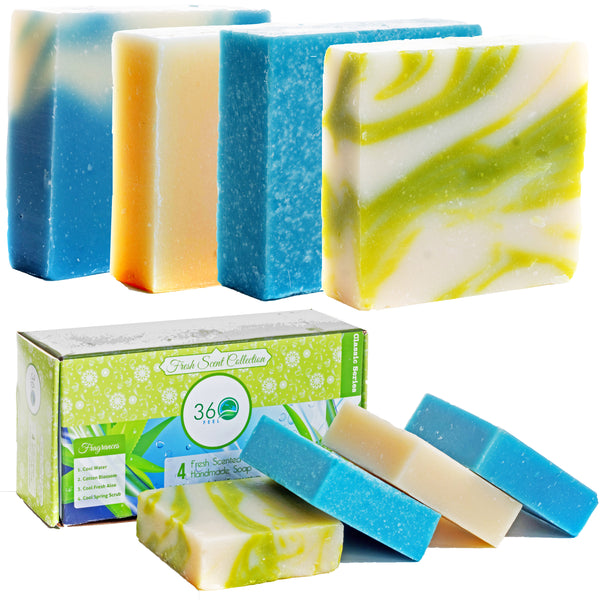 360Feel Fresh Handmade Soap Gift Set – 4 Refreshing Bars with Scents of Aloe Vera, Cotton Blossom, Spring Scrub & Cool Water – Luxury Soap for Sports, Camping, Anniversary & Wedding Gifts