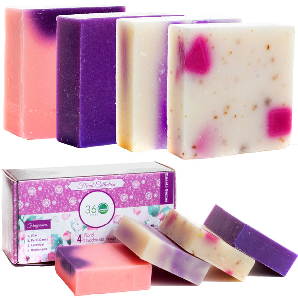 360Feel Floral Handmade Soap Gift Set – 4 Large Bars with Elegant Flower Scents: Lavender, Lilac, Hydrangea – Perfect Anniversary & Wedding Gift – Natural, Organic, Essential Oil Soaps