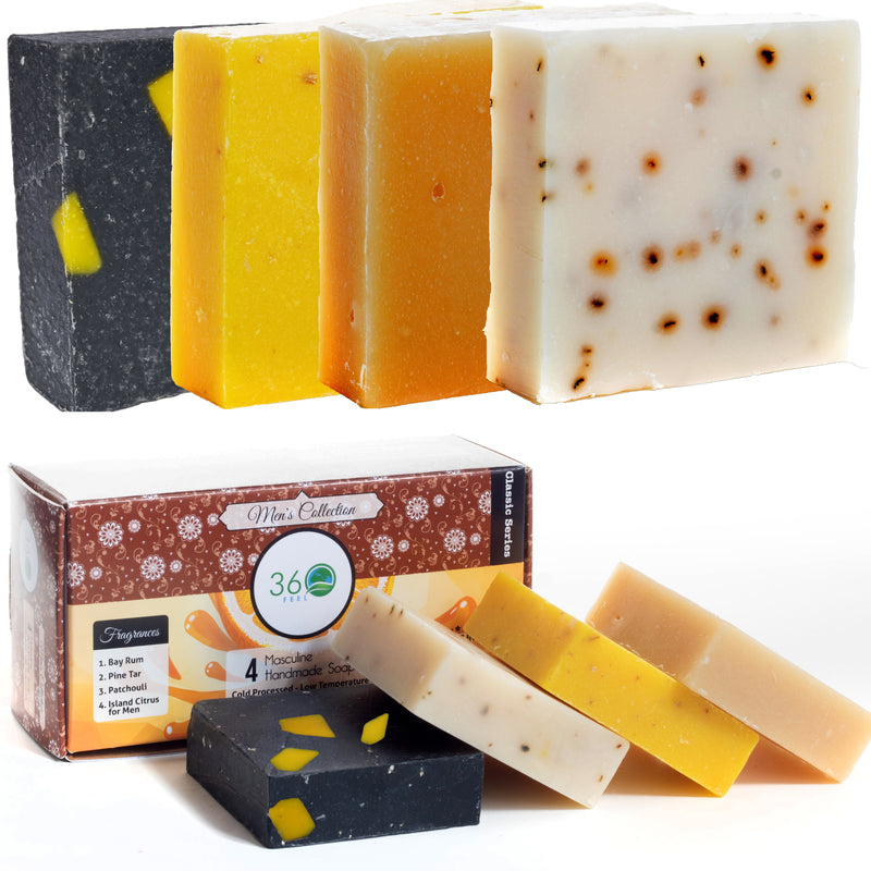 360 Feel Men’s Handmade Soap Gift Pack – Masculine Scents of Patchouli, Pine Tar, Charcoal & Citrus – Natural Bay Rum Soap Bars – Perfect Gift for Him – 4 Premium Soap Bars