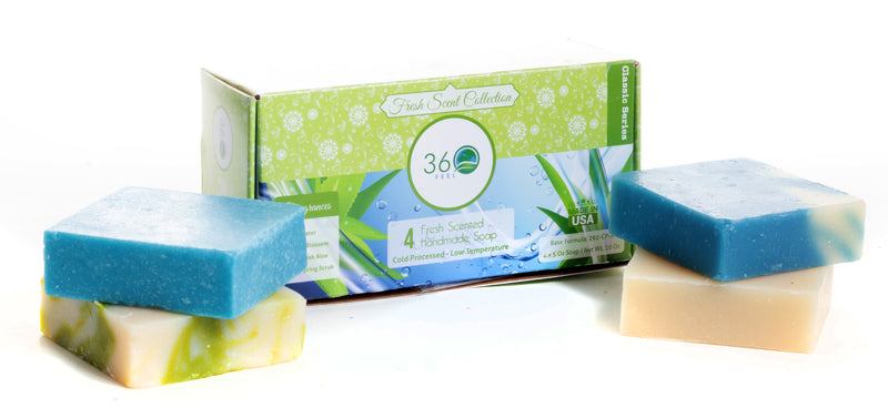 360Feel Fresh Handmade Soap Gift Set – 4 Refreshing Bars with Scents of Aloe Vera, Cotton Blossom, Spring Scrub & Cool Water – Luxury Soap for Sports, Camping, Anniversary & Wedding Gifts