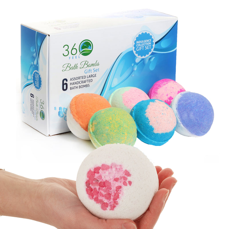 360Feel Bath Bombs Gift Set – 6 Large Organic Bath Fizzies Made in USA with Essential Oils – All-Natural Aromatherapy for Women, Men & Kids – Gift-Ready Box