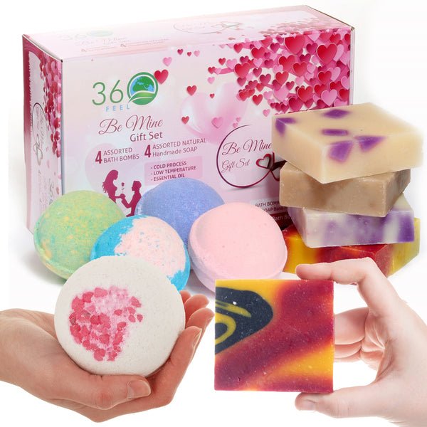 360Feel Be Mine Gift Set – 4 Organic Bath Bombs and 4 Handmade Essential Oil Soaps – Perfect Gift for Men and Women – Luxurious, All-Natural Self-Care Spa Experience