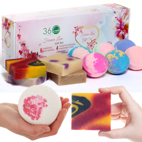 360Feel Forever Love Gift Set – 6 Organic Bath Bombs and 4 Handmade Essential Oil Soaps – Soothing Spa Experience for Her, Cruelty-Free, Luxurious Self-Care Gift