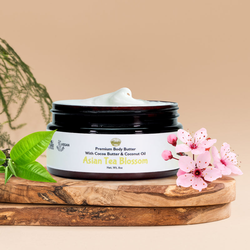 Asian Tea Blossom Body Butter - 8oz Premium Handmade Natural Moisturizing Body Butter, Intense Hydration Serum for All Skin Types, Natural Essential Oils, Vegetarian and Cruelty Free - Falls River Soap Company