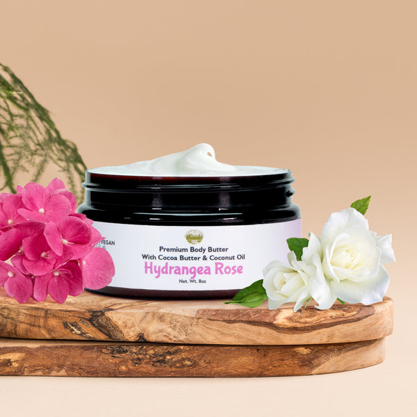 Hydrangea Rose Body Butter - 8oz Premium Handmade Natural Moisturizing Body Butter, Intense Hydration Serum for All Skin Types, Natural Essential Oils, Vegetarian and Cruelty Free - Falls River Soap Company