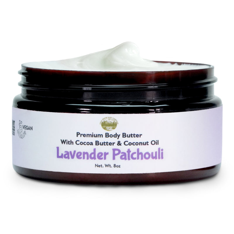 Lavender Patchouli Body Butter- 8oz Premium Handmade Natural Moisturizing Body Butter, Intense Hydration Serum for All Skin Types, Natural Essential Oils, Vegetarian and Cruelty Free - Falls River Soap Company