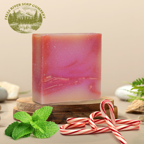 Candy Cane 5oz Soap Handmade Soap bar - Cherry Almond, oatmeal as exfoliant - Pure Essential Oil Natural Soaps- Anniversary Wedding Gifts Christmas stocking stuffer cherry blossom - Falls River Soap Company