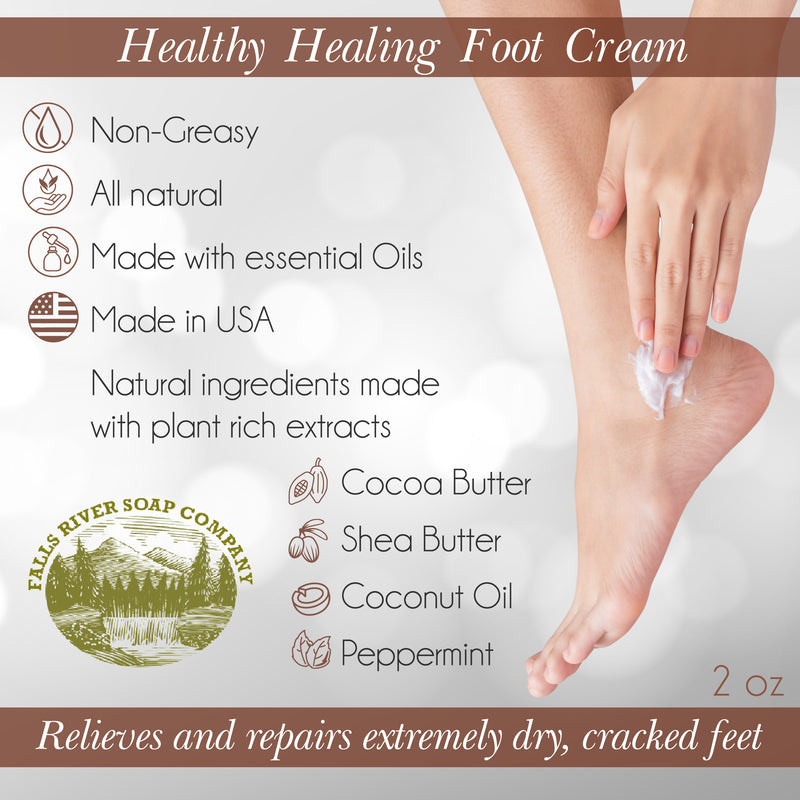 Peppermint 2 Oz Foot Cream - Healthy Healing Foot Cream With Cocoa Butter and Coconut Oil - Heals, Reileves and Repairs Craked Feet with Peppermint freshness - Falls River Soap Company
