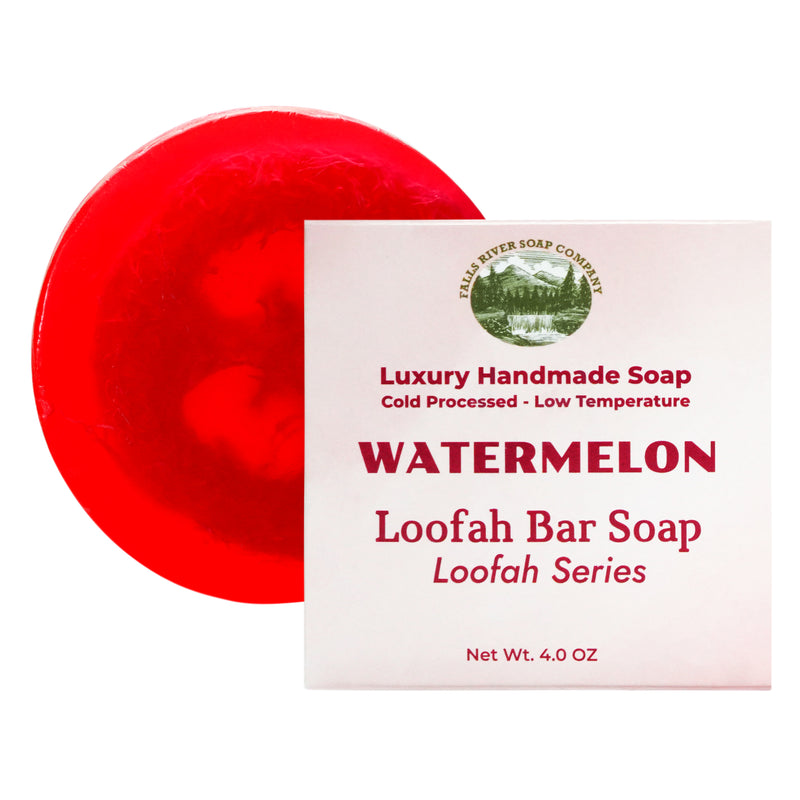 Watermelon 4 Oz Natural Luffa Soap Bar - Exfoliating Soap with Loofah Inside - Eco-Friendly, Natural Soap with Loofah Inside - Falls River Soap Company