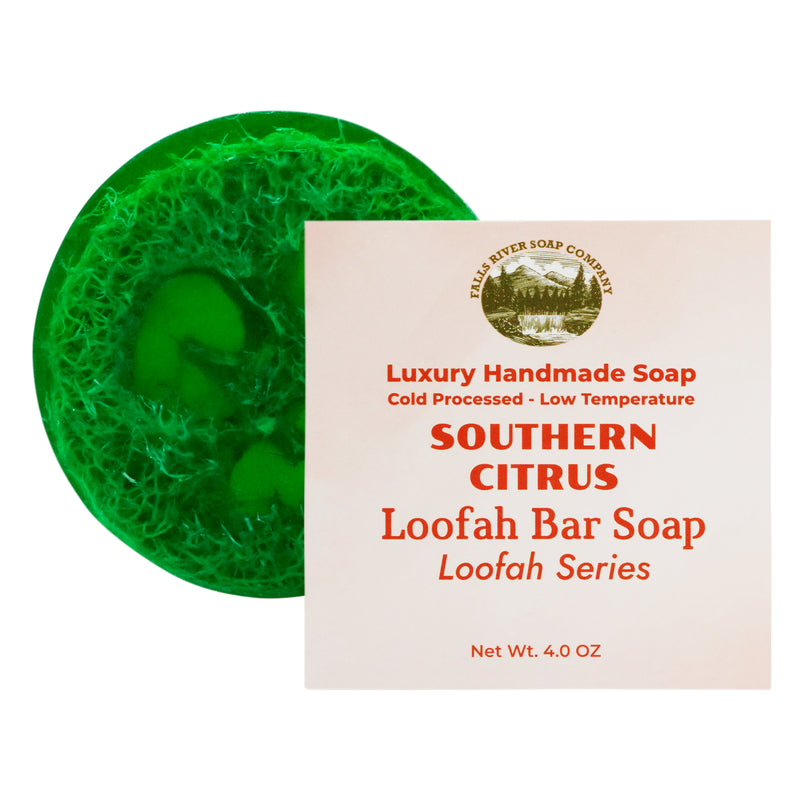 Southern Citrus 4 Oz Natural Luffa Soap Bar - Exfoliating Soap with Loofah Inside - Eco-Friendly, Natural Soap with Loofah Inside - Falls River Soap Company